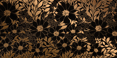 Golden Metallic Foiled Contour Flowers and Leaves on Black Background. Luxurious Art Deco Wallpaper Design for Print, Poster, Cover, Banner, Invitation, Package, Beauty Products.