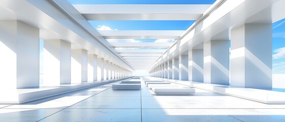 Obraz premium White minimal architecture building background empty wide space for mock up, concrete floor car park, cement garage design scene with copy space