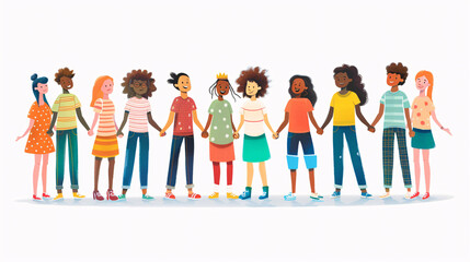 Obraz premium 3. A diverse group of students holding hands in a circle, illustrated in a classroom setting, emphasizing unity and collaboration, with a white background