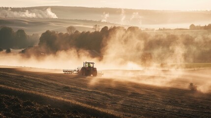 Fototapeta premium Sunrise over farmland with a tractor plowing the field, creating dust clouds in a scenic rural landscape.