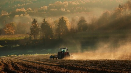 Fototapeta premium A tractor plowing a field during an early morning sunrise, with fog and sunlight casting a golden hue over a rural landscape.