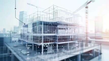 digital construction building information modeling bim concept with 3d model and blueprints