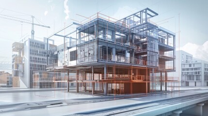 digital construction building information modeling bim concept with 3d model and blueprints