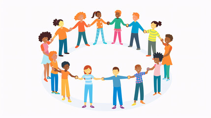 7. A diverse group of students holding hands in a circle, illustrated to symbolize unity and collaboration in a classroom, with a clean white background