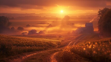 Obraz premium Sunset in the Countryside: A tranquil scene as the sun dips behind rolling fields, casting a golden hue over barns and winding country lanes. Serenity in rural simplicity. 