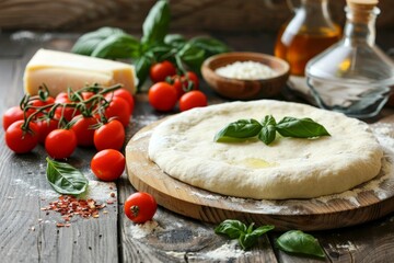 Pizza margherita ingredients on wooden table