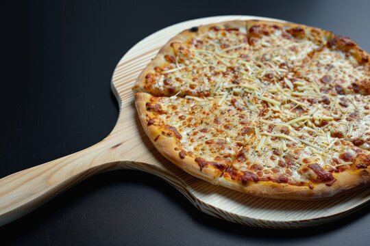 Pizza on black background with a wooden spatula