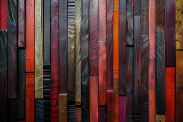 Multicolored wooden planks arranged in a staggered pattern create a vibrant wall
