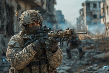 Fototapeta premium Airsoft fighter in military gear with sniper rifle, teammates engaging enemy in abandoned building