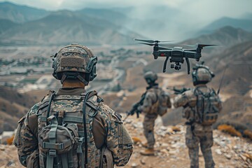 Fototapeta premium Modern soldiers use drone for artillery guidance and enemy scouting in military operation