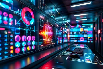 High tech AI server room with vibrant digital displays, showcasing advanced technology, innovation, and dynamic data processing