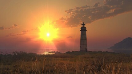 Sunset with Lighthouse: The sun dips below the horizon, casting a radiant glow on the lighthouse, its beacon flickering against the dusky sky and tranquil seascape.
