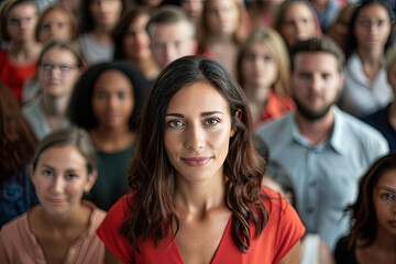 Fototapeta premium Standing out from the crowd concept with a well-dressed woman rising above a crowd of different people