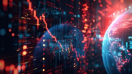 Obraz premium A dynamic digital display with a glowing globe and data visualization elements, representing global technology and financial trends.