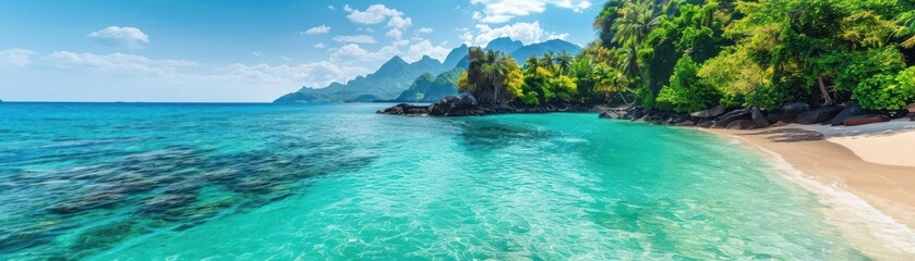 Fototapeta premium Stunning tropical beach with turquoise waters, lush greenery, and mountains in the background on a sunny day.