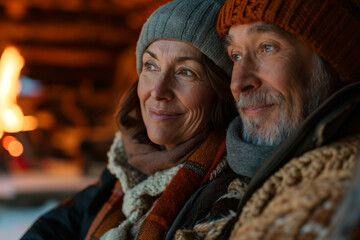 Fototapeta premium Cozy Senior Couple Enjoying Winter by the Fireplace in Warm Clothing