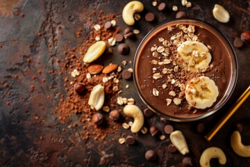 Protein smoothie with chocolate banana and nuts Top view copy space