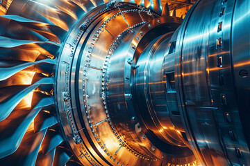 Industrial gas turbine engine, engineering equipment, turbine close-up, heavy industry concept