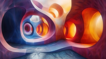 Complex geometric illusions, with overlapping shapes and patterns that play with perspective and depth, creating a visually intriguing effect.