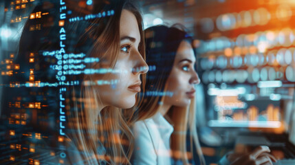 Two women are looking at a computer screen with a lot of numbers and letters