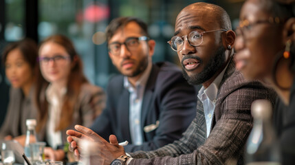 A diverse group of professionals engaged in a business meeting, discussing strategies in a modern conference room setting.