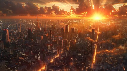Fototapeta premium Sunset in the City: The cityscape is bathed in the warm embrace of the setting sun, its rays igniting the glass facades and steel structures with a fiery brilliance that fades into the twilight. 