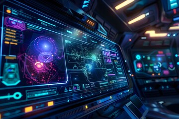 Fototapeta premium AI interface on a digital screen in a futuristic spacecraft control room