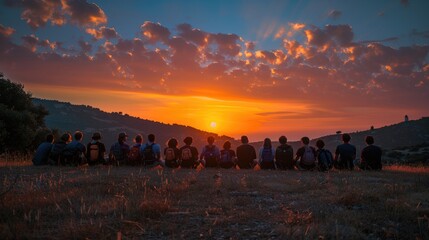 A group of people watching a beautiful sunset over the hills, creating a stunning silhouette against the vibrant sky.