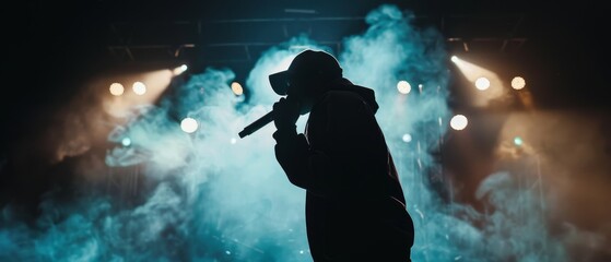 Rap trap and hip hop star performing on nightclub stage with dark background smoke and spotlights
