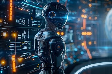 futuristic AI Robot Analyzing Data, Modern Technology, Digital Innovation, Advanced Computing, High Tech Visualization