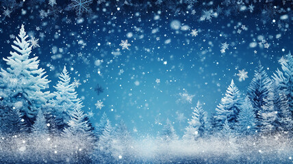 Christmas blue background with snow, Generative AI.