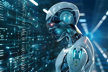 Futuristic AI robot with digital elements representing advanced technology and artificial intelligence