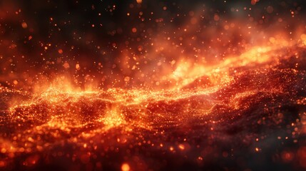 Fototapeta premium Ash and ember particles glowing against a dark background, creating a dramatic, fiery scene in high resolution