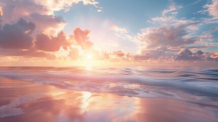 Obraz premium A stunning cloudscape over the sea at sunrise, capturing the tropical beach ambiance with its tranquil waters and golden light filtering through the clouds.