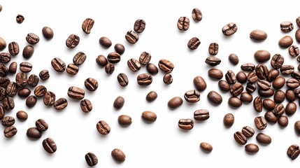 Obraz premium Coffee beans displayed on a white background create a simple yet striking image, showcasing their rich brown color and varied textures.