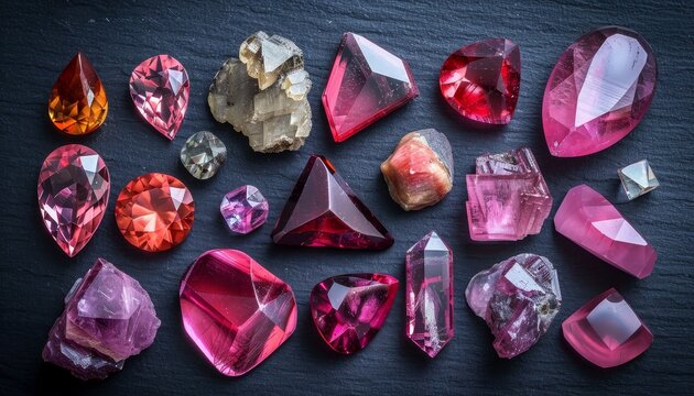 Red ruby and topaz gems for jewelry on black matte paper background rough paper