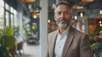 Obraz premium Confident middle-aged man with beard and blazer in modern office space with greenery and large windows, representing professionalism and success.