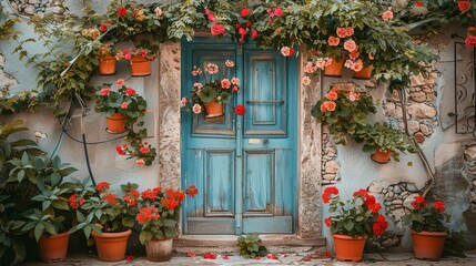 Naklejka premium In garden landscape design, an old door adorned with flowers serves as a charming focal point.