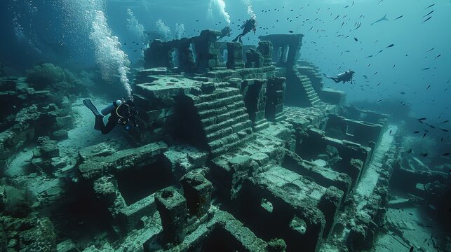 Divers exploring underwater ruins, with ancient stone structures and marine life swimming around them