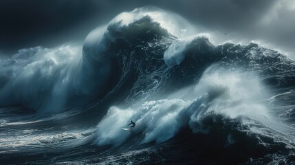 Surfers riding giant waves in the ocean, with powerful swells, spray, and a dramatic coastline