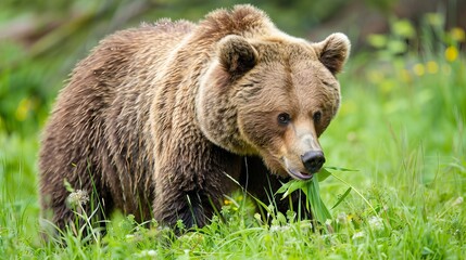 Obraz premium A mother grizzly bear peacefully grazing on weeds and grass in the natural surroundings of Banff National Park, Alberta, Canada, captures the serene harmony between wildlife and its environment.