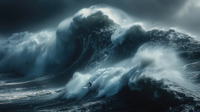 Surfers riding giant waves in the ocean, with powerful swells, spray, and a dramatic coastline