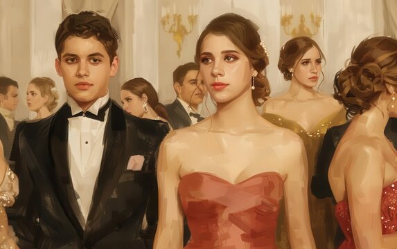 Elegant young couple in formal evening attire at a sophisticated gala event with other well-dressed attendees in the background.
