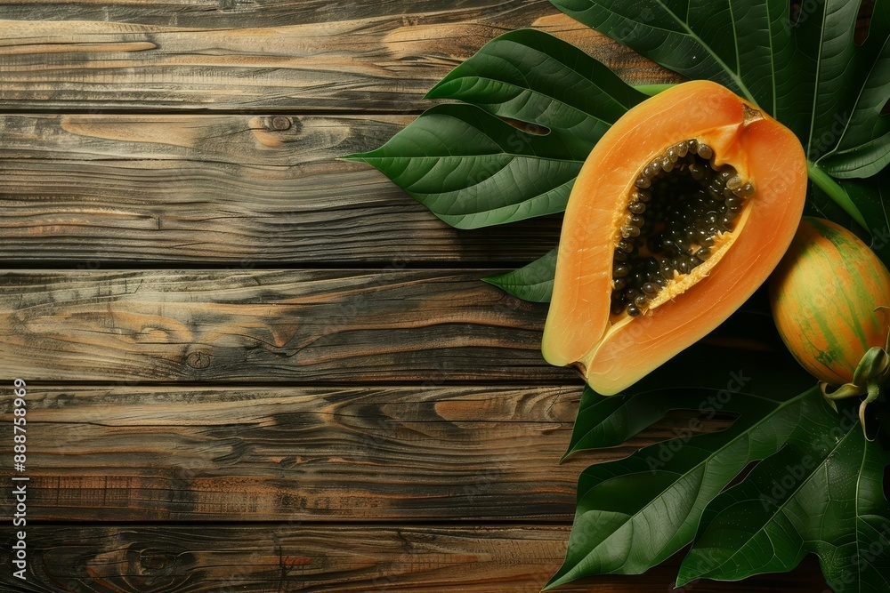 Sticker ripe papaya on wood with green leaf