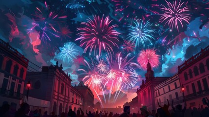 Obraz premium Panoramic view of a lively street fiesta, fireworks in the sky, people dancing and singing, Fantasy, Digital painting, Ethereal lighting