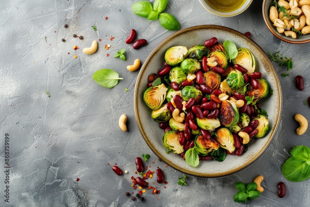 Poster Roasted brussels sprouts with red beans and peanuts on marble table