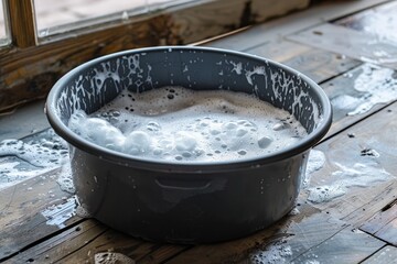 Fototapeta premium Round tub with soapy water cleaning house with dirty water bucket during cleaning
