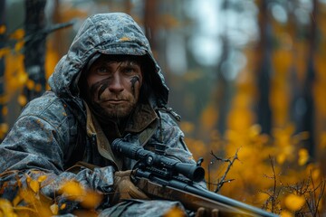 Fototapeta premium Camouflaged sniper in forest ambush military hunter concealed with rifle in woods
