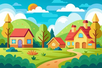 Naklejka premium Colorful Cartoon Style Rural Landscape: Flat Illustration for Children's Book Cover Design