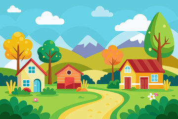 Naklejka premium Colorful Cartoon Style Rural Landscape: Flat Illustration for Children's Book Cover Design